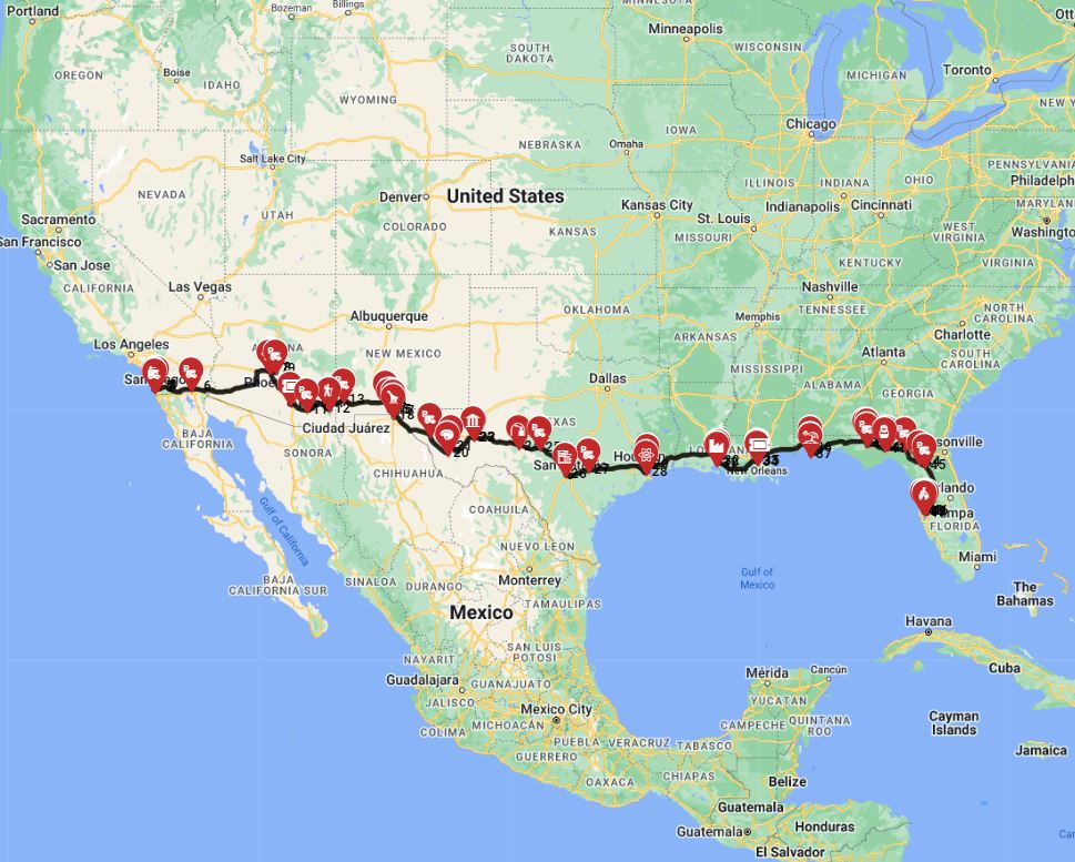 San Diego to Tampa RV trip planner route